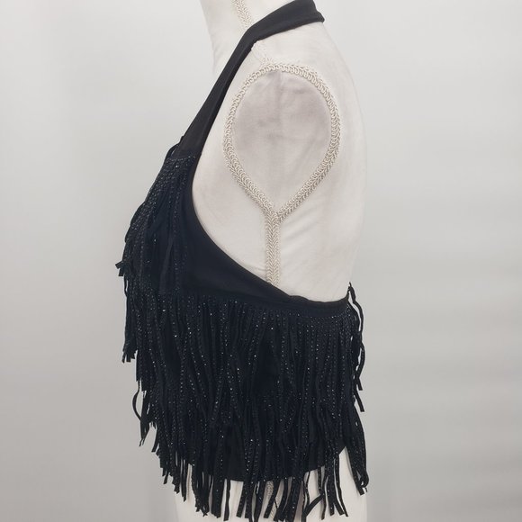 NYLON APPAREL Sparkle Fringe Button Front Western Chacha Halter Top NWT - Picture 6 of 10